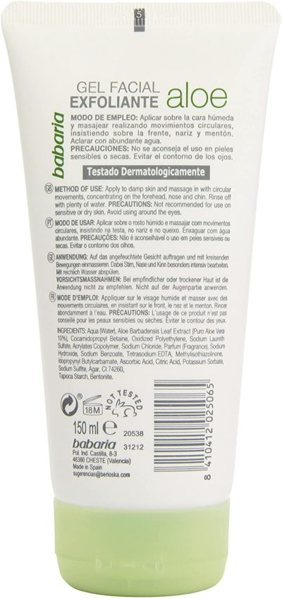 81knL1WHzSL._AC_SL1500_.jpg Babaria Gel Exfoliant Doux pour Visage Aloe Vera 150 ml